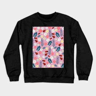 Spring meadow in bloom with ladybirds on dark pink background Crewneck Sweatshirt